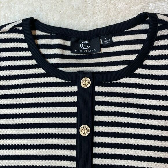 G by Giuliana Striped Short Sleeve Cardigan Top with Gold Buttons Women’s Sz L - Picture 2 of 8